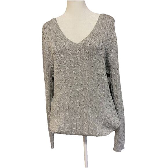 Ralph Lauren Preppy V-Neck Silver Metallic Cable Knit Silk Blend Sweater 2X NWT - Picture 2 of 6